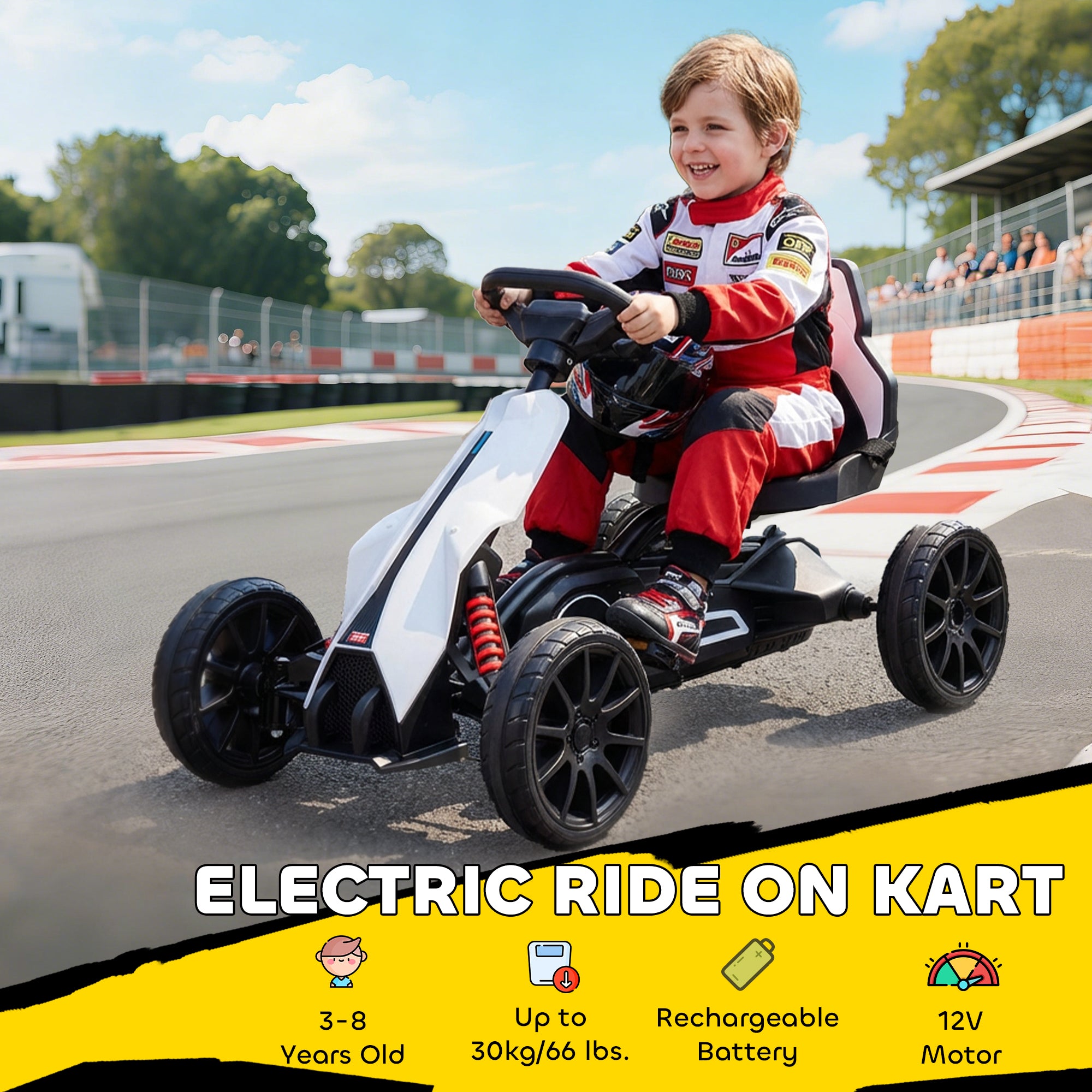 12v Electric Go Kart for Kids W/ Adjustable Speed, White